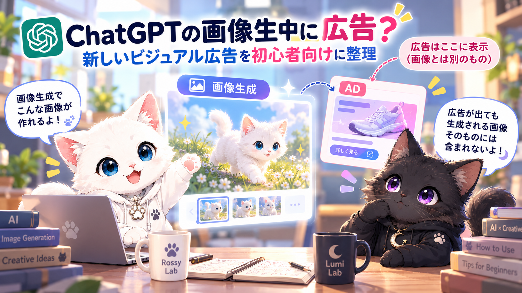 ChatGPTの画像生成中に表示される新しいビジュアル広告をRossyとLumiが解説するイメージ