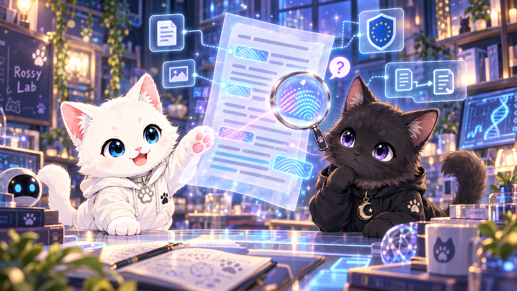 AI文章のテキスト・ウォーターマークと限界をRossyとLumiが研究するイメージ