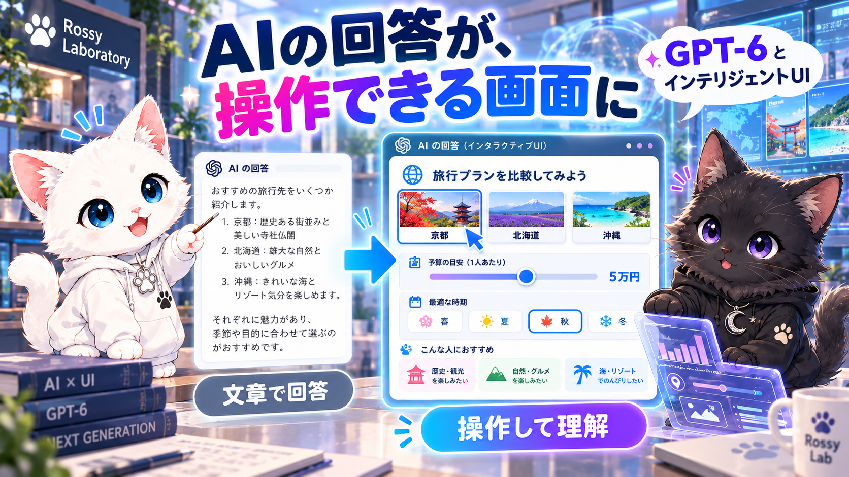 文章によるAI回答が、旅行先カードや予算スライダーなどを操作できる画面へ変わる様子を、RossyとLumiが説明する図解