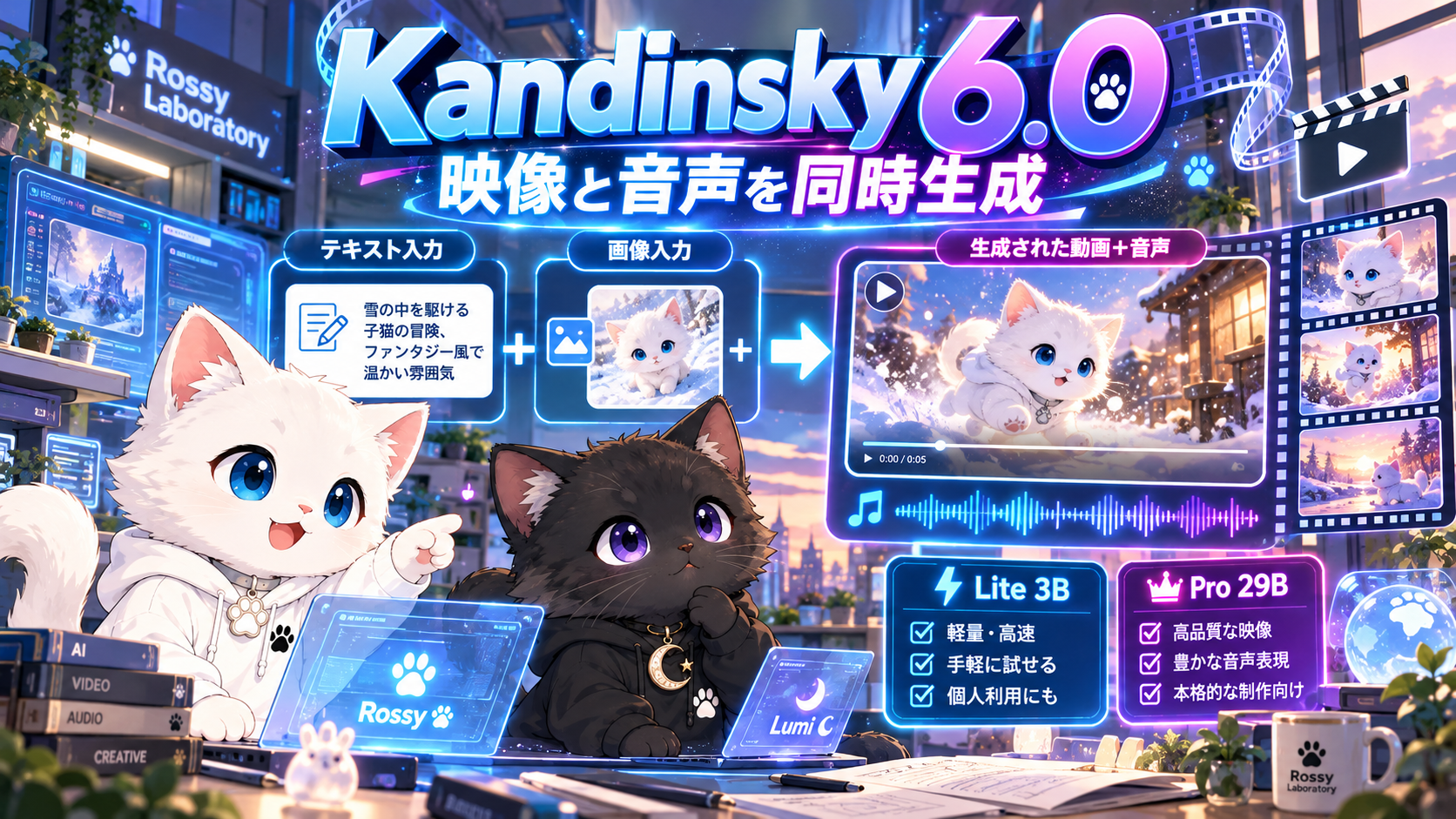 RossyとLumiが映像と音声を同時生成するKandinsky 6.0を紹介する図解
