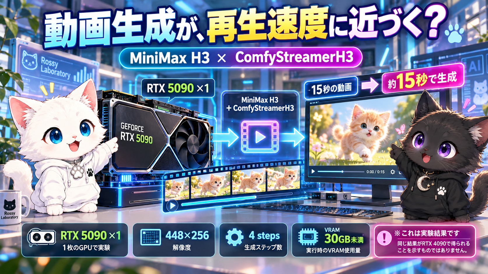 RossyとLumiがRTX 5090一枚によるMiniMax H3のリアルタイム動画生成実験を解説する図